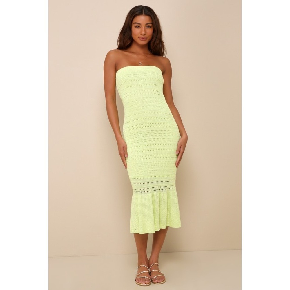 Lulus Palm Springs Sweetie Lime Green Knit Strapless Midi Dress - Size S